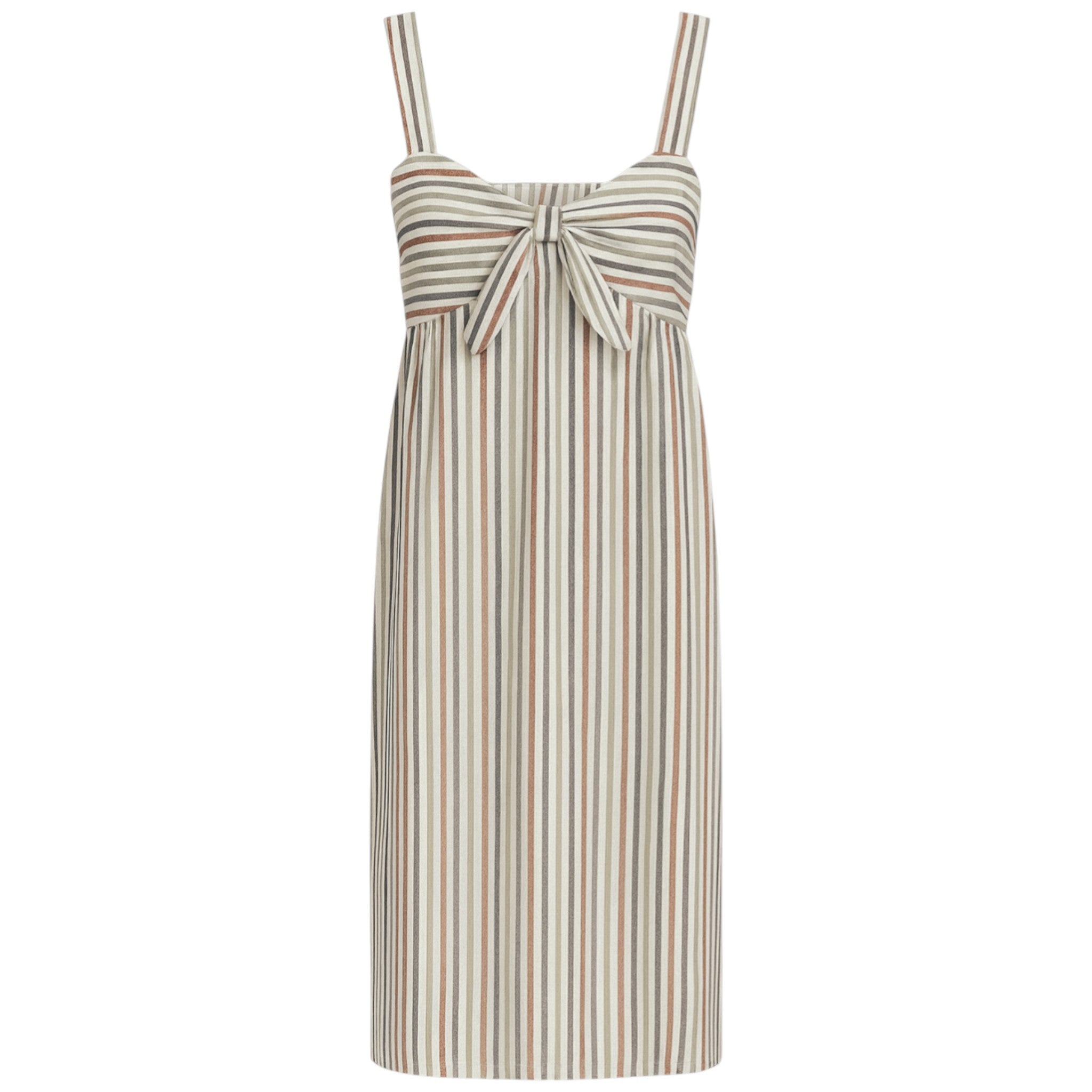 Women's striped sundress with front tie bow and adjustable straps – lightweight summer dress in Beige